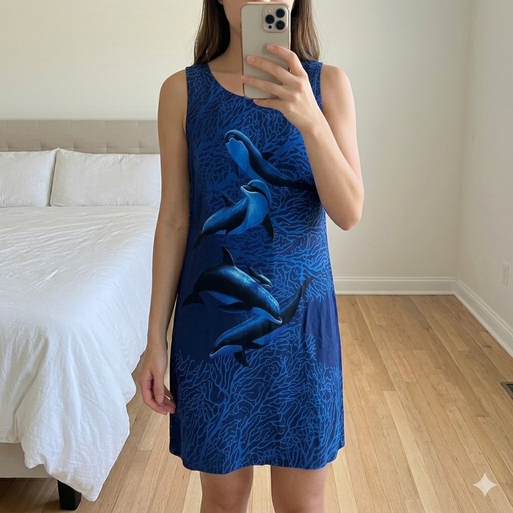 Vtg Wyland Signature Bluewater Dolphin Tank Dress Rayon Blue Women's M USA